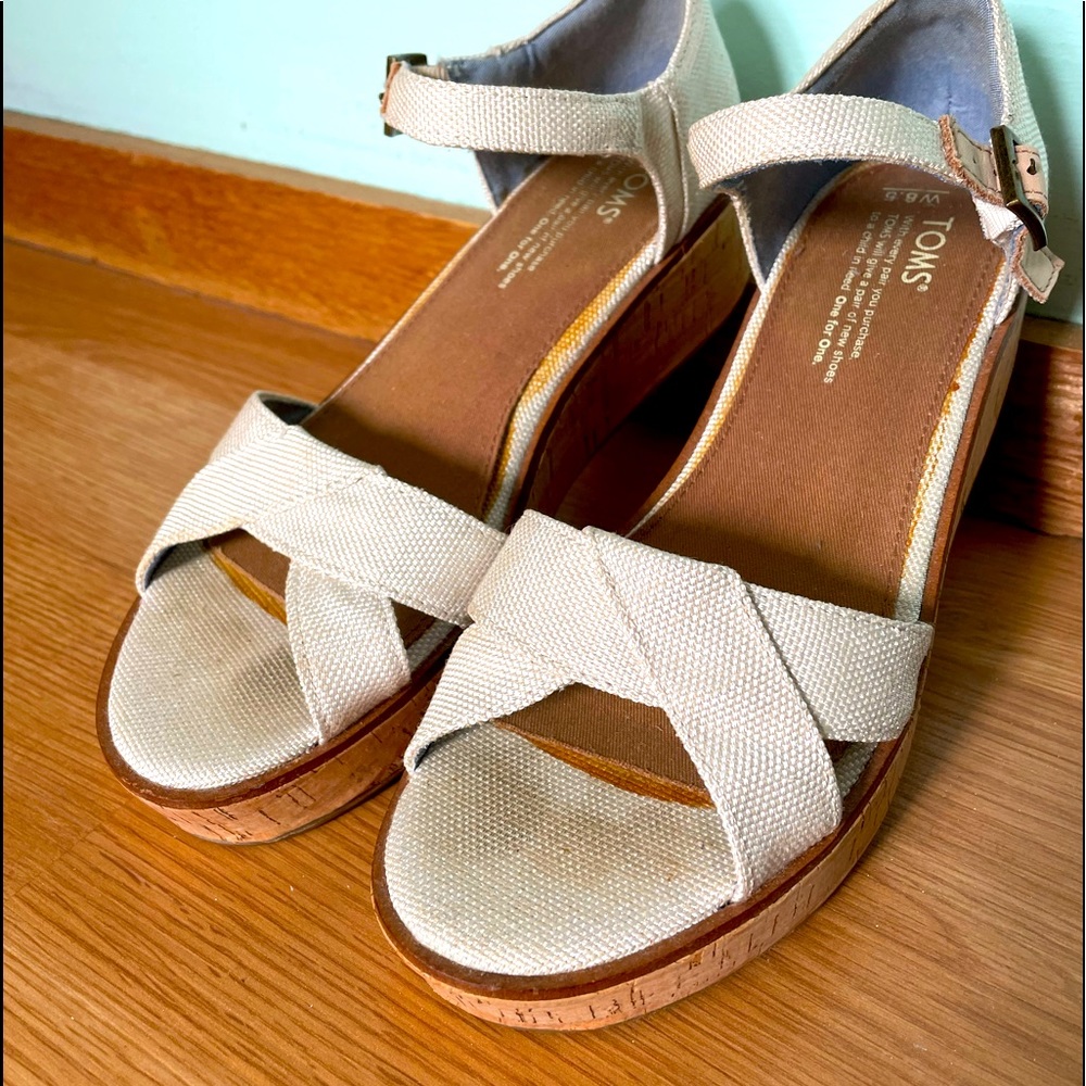Toms, summer cork 2”heel wedges. Cork and white canvas